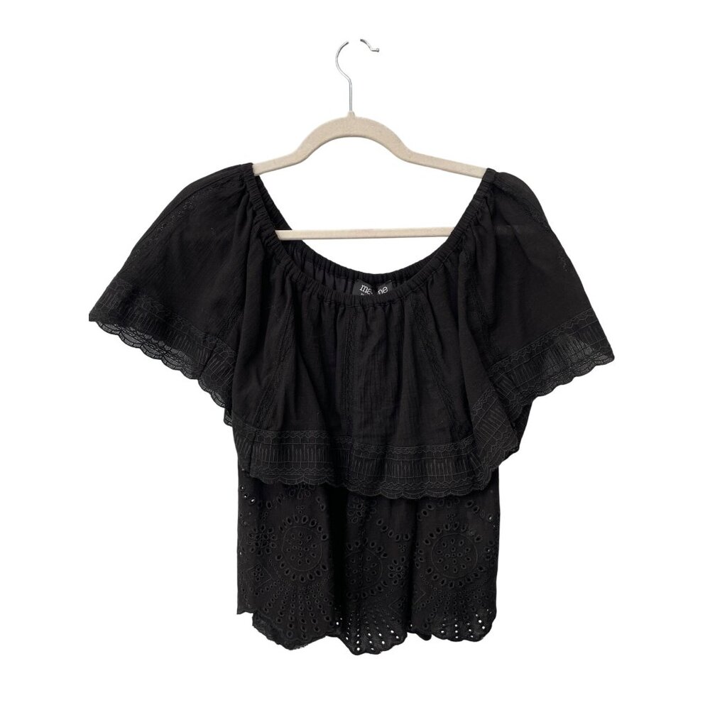 Mac And Me Off The Shoulder Embroidered Eyelet Blouse Size Large Black Lace NEW